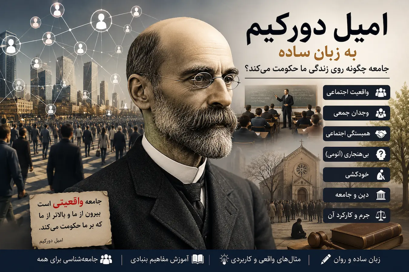 امیل دورکیم، بنیان‌گذار جامعه‌شناسی مدرن، در کنار مفاهیم واقعیت اجتماعی، وجدان جمعی و همبستگی اجتماعی